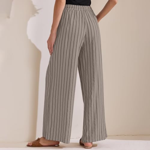 Ladies Wide Leg Flowy Pants Loose Comfortable Casual Fashionable Striped Cotton and Linen Pants with Pockets3