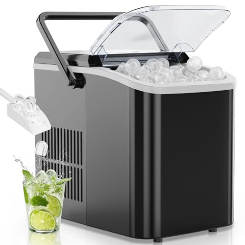 OLIXIS Countertop Ice Maker Machine with Handle, Auto-Cleaning Portable Ice Maker with Basket & Scoop, 26lbs in 24Hrs & 9 Ice Cubes in 6 Mins, 2 Ice Cube Sizes, for Home Party Camping RV, Black