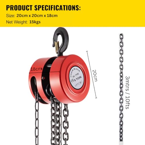 Image of Jawsons Hand Chain Hoist (4400Lbs)- Manual Steel Chain Block Hoist with 10ft /3mtr Lifting Height and Industrial Grade Steel Construction, Ideal for Construction, Garages, Warehouses (5 Ton)