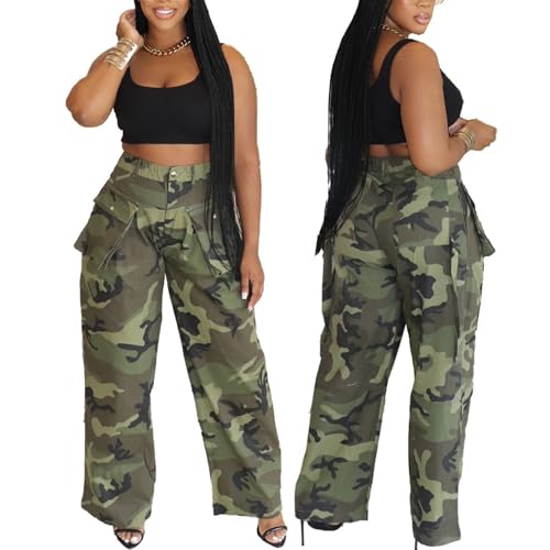 Women's Camo Cargo Pants Y2K High Waisted Wide Leg Baggy Army Fatigue Trousers with Pockets Sweatpants4