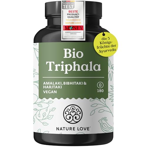 NATURE LOVE® Bio Triphala - Hochdosiert mit 500mg je Kapsel - 180 Kapseln - Hochwertiger Rohstoff aus Indien - Laborgeprüft und zertifiziert Bio, in Deutschland produziert