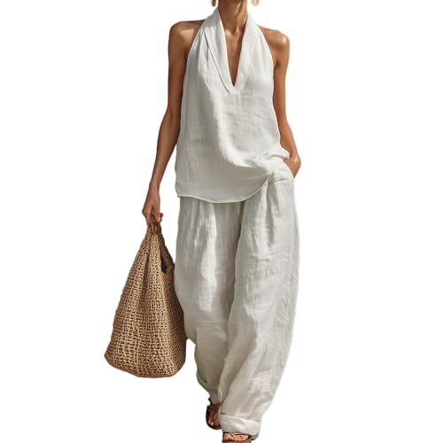 Mucpad Linen Sets for Women 2 Piece Outfits Sleeveless Linen Two Piece Set Women Wide Leg Pants Summer Loungewear (White M)