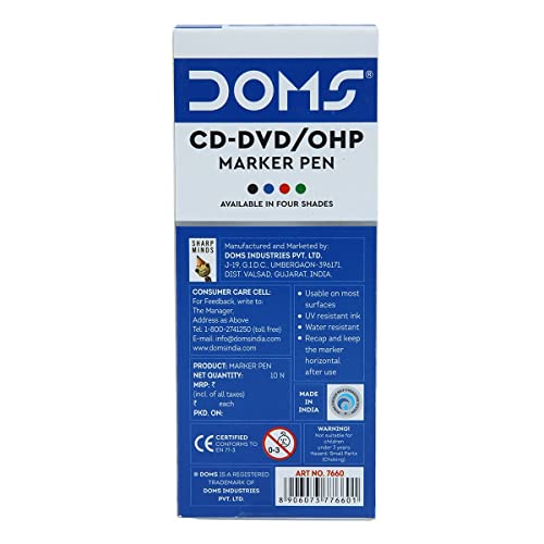 Image of Doms CD-DVD /OHP Pens | Fine Tip Japanese Tip For Clear Marking | Marks On Most Surfaces | Unique Self Hydrating System | Black Ink, Pack of 10