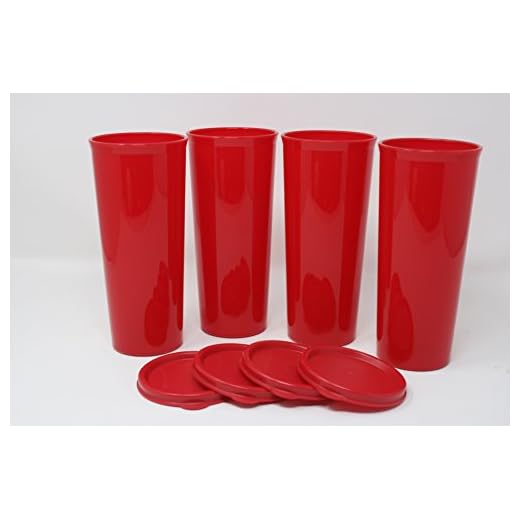Tupperware (4) Straight Sided Tumblers Cups with Lids 16 Ounce Sheer Red