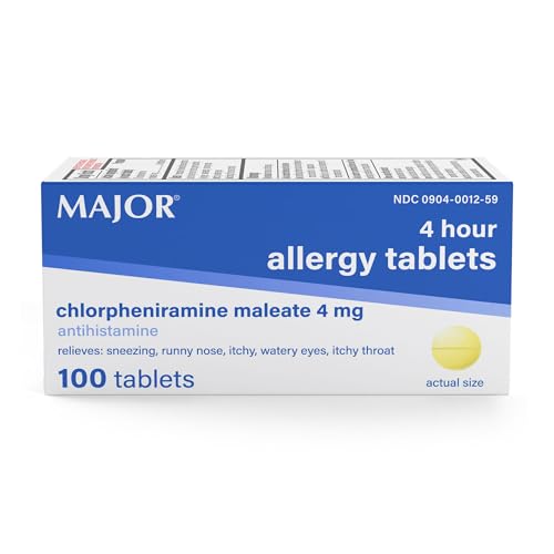 Major 4 Mg Allergy Tablets - Chlorpheniramine Maleate 4-Hour Allergy Medicine - Antihistamine for Relief of Sneezing Itchy Watery Eyes Itchy Throat and Runny Nose - 100 Count (1 Pack)