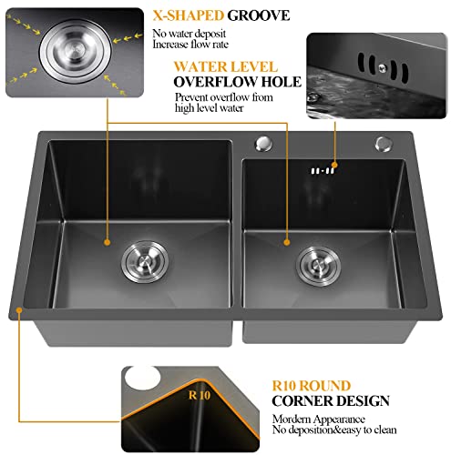 Black Double Bowl Bar Sink, Stainless Steel 32.3 X 17.7 Drop In Topmount Kitchen Sink Nice Kitchen Sink Combo-Storage Organizer, Faucet Sprayer, Drain Strainer Set For Modern Kitchen Sink #TOP1