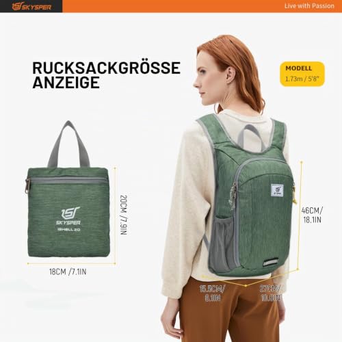 SKYSPER Faltbarer Rucksack 20L, Ultraleicht Wanderrucksack Kleiner – Ansicht 6