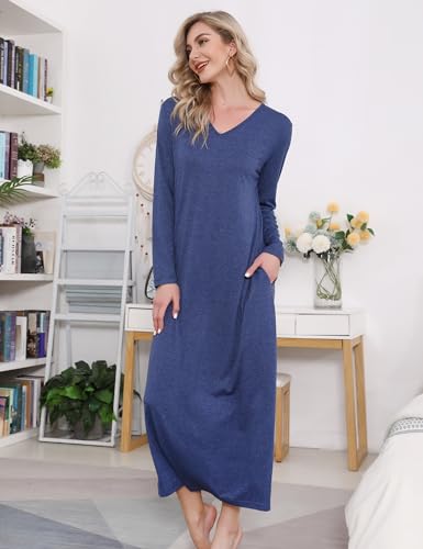 Sykooria-Camison-Mujer-Algodon-Camisones-Largo-Ropa-de-Dormir-Ropa-de-Salon-Casual-Camison-Holgado-con-Bolsillos-S-XXL