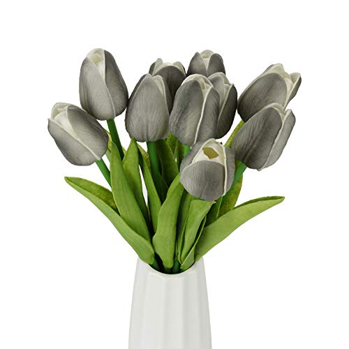 10 Pcs Artificial Tulips Flowers 13.8 Inch Real Touch Pu Fake Holland Tulip Bunches Bush Countertop Table Display Floral Decoration For Wedding Party Living Room (Gray) #TOP5