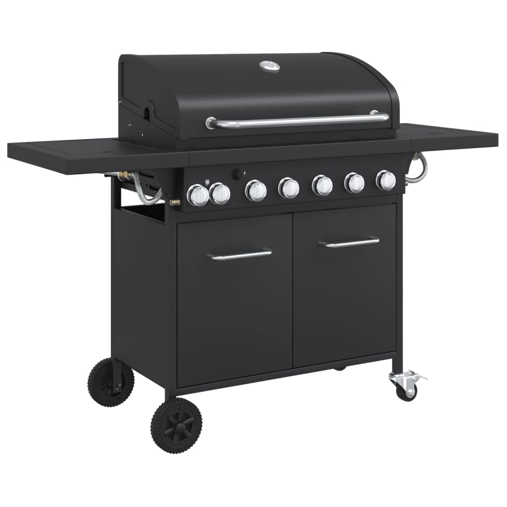 Grill gazowy z 7 płomieniami, 18,2 kW, stacja grillowa do użytku na zewnątrz, z termometrem 146,5 cm, czarna, malowana proszkowo stal