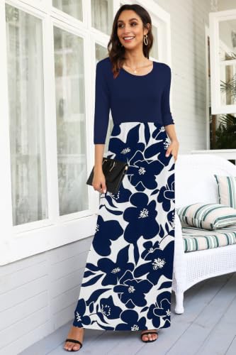 Image of WNEEDU Women's 3 /4 Sleeve Casual Loose Long Maxi Dresses with Pocket