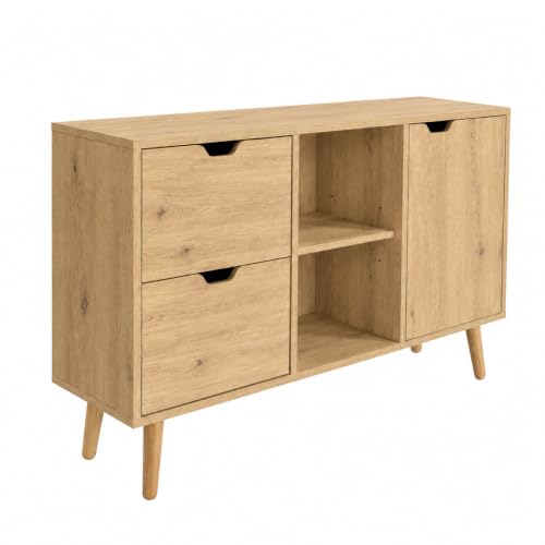 MB Muebles Bonitos Aparador Estrecho Roble Recibidor 120cm | 2 Cajones y Puerta con 2 Compartimentos, Balda Regulable, 120 cm (Ancho) 30 cm (Profundo) 72 cm (Alto), Modelo Leo