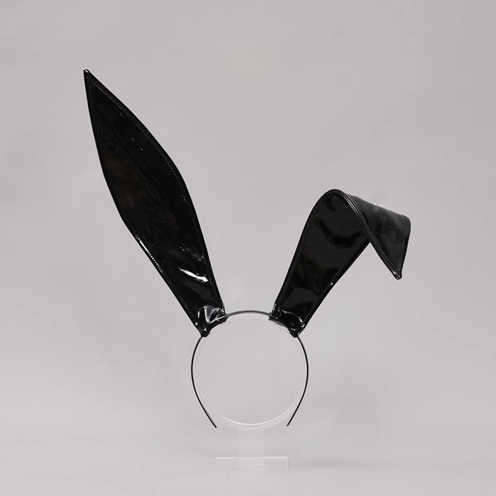 ILUFAM Black Leather Bunny Ear Headband Bendable Rabbit Ears Cosplay Headwear Halloween Party Hair Hoop for Adult