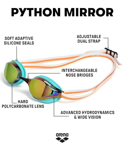 Image of ARENA Unisex Python Racing Swim Goggles for Men and Women Anti-Fog No Leak Max Comfort Dual Strap, Mirror /Non-Mirror Lens