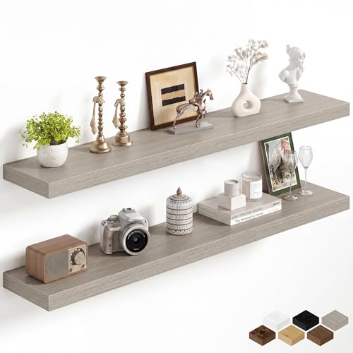 Image of Fun Memories 48Inch Floating Shelves for Wall, 8 Inch Deep Shelves for Bathroom|Bedroom|Kitchen, Large Wall Mounted Wood Hanging Shelf with Invisible Brackets for Home Storage Decor, Grey - 2 Pack