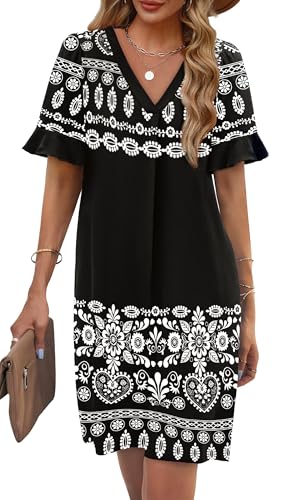 Image of OFEEFAN Summer Dresses for Women Ruffle Short Sleeve V Neck Casual Shift Dress with Pockets
