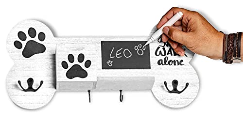Emotiset Garderobenleiste zum Ordnen von Leinen und Zubehör für Hunde und Haustiere, aus Holz, personalisierbar mit Tafel, Vintage-Weiß