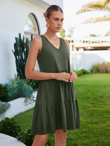 Womens Summer Dresses V Neck Tank Tiered Flowy Mini A Line Casual Sundress with Pockets3