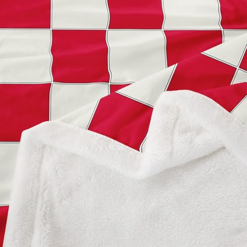 Image of Erosebridal Plaid Throw Blanket Twin 60 inchX80 inch Beige Red Checkerboard Sherpa Blanket Geometric Checkered Fleece Bed Blanket for Kids Boys Girls, Aesthetic Grid Flannel Blanket