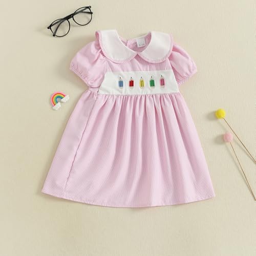 Little Girl Back to School Smocked Dress Apple/Letter Embroidery Doll Collar Dresses Toddler Princess Dress3