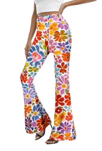 Image of WSPLYSPJY Women's Print Stretch Bell Bottom Flare Palazzo Pants Trousers