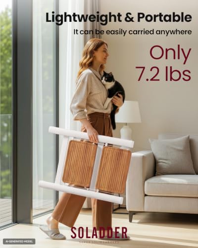 Image of SOLADDER 2 Step Ladder, Lightweight Folding Step Stool, White+Woodgrain
