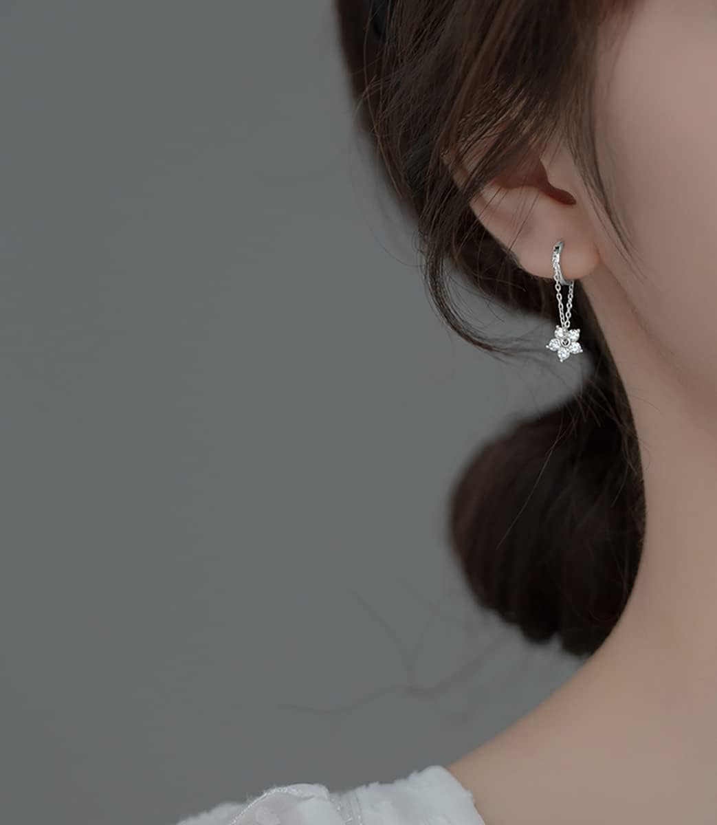 Reffeer 925 Sterling Silver Flower Chain Drop Earrings Hoop for Women Teens Huggie Hoop Dangle Earrings Chain - Image 2