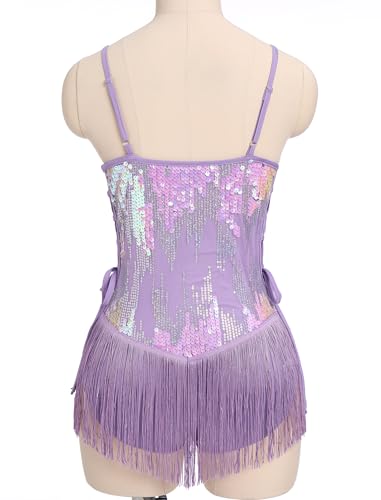 EFOGEP Body de danse latine à paillettes et franges pour femme - Justaucorps sexy à lacets avec pompons scintillants - Tenues pour festival, rave, concert, cocktail, soirée, lilas, XS – vue 6