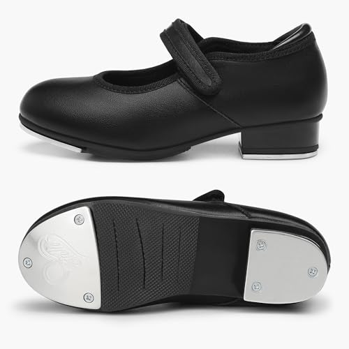 Stelle Tap Shoes for Girls Toddler PU Tap Dance Shoes for Toddler/Little Kids/Big Kids(Black Matte,9MT)