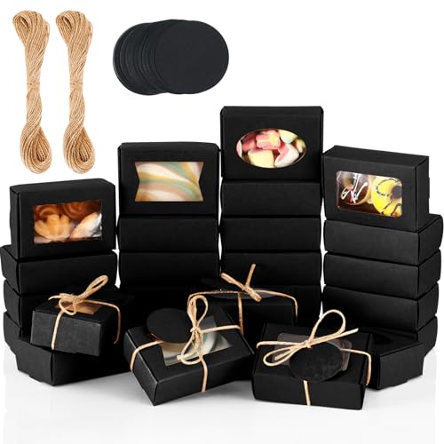 Yexiya 60 Pcs Homemade Soap Boxes 3.55 x 2.4 x 1.2 Inch Kraft Soap Box with Window Mini Gift Packaging Supplies for Homemade Bakery Candy Cookies Party Favor(Black)