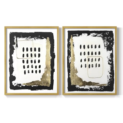 Renditions Gallery Set of 2 Peel & Stick Framed Prints, Abstract Wall Art, Rough Black & Gold Junction Wall Decor, Re-Stickable - Ready to Hang - 8"x10" - Gold Frame LT585