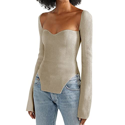 Image of Women's Square Neck Ribbed Knitted Sweater Long Sleeve Crop Slim Fitted Basic Pullover Tops