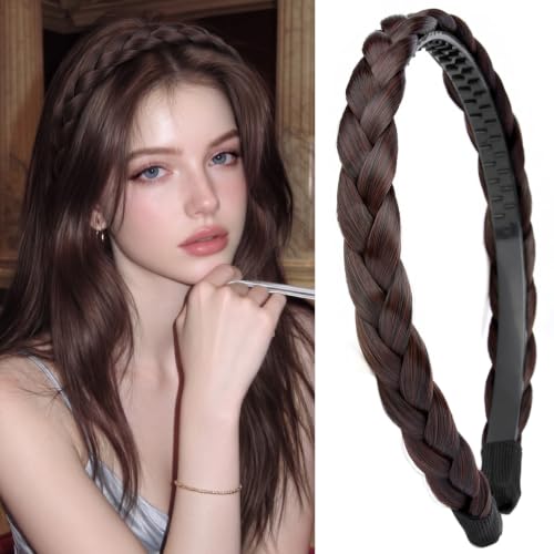 Gledola Braided Headband With Teeth Braids Hairband With Tooth Synthetic Hair Band Plaited Hairband For Women (Dark Chestnut)