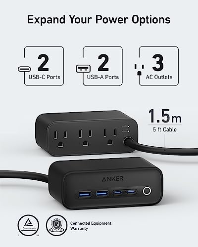 Anker 525 Charging Station, 7-In-1 Usb C Power Strip For Iphone13/14, 5Ft Extension Cord With 3Ac,2Usb A,2Usb C,Max 65W Power Delivery Desktop Accessory For Macbook Pro, Home, Office (Phantom Black) #TOP2