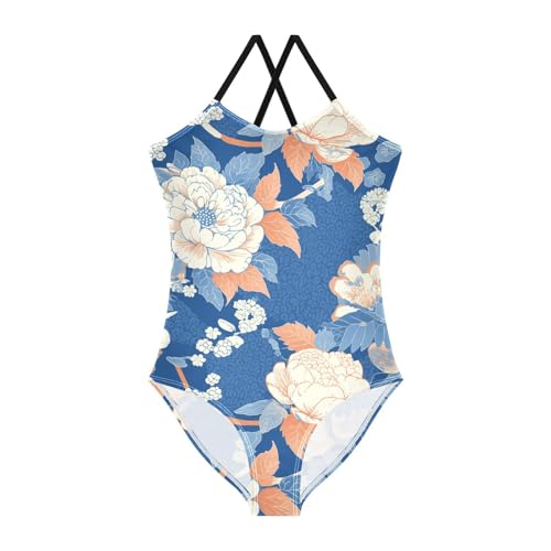 KLL Floral Indonesian Batik Motif Cobalt Toddler Girls 1 Piece Swim Suit Summer Swimwear Adjustable Shoulder Strap Quick Dry