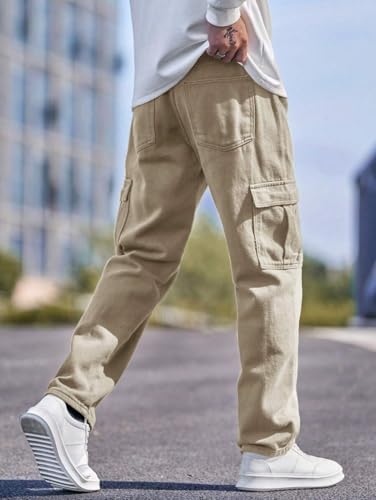 Image of QNIM Cargo for Men | Loose Fit White Denim Jeans | Stylish Cotton Multi-Pocket Casual Styling Pant | Trendy Straight Leg Comfortable Utility Streetwear Trousers (Q-04-05)