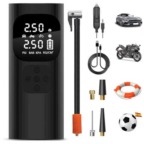 Hexinex 10000mAh Compresor Aire Portatil 150PSI &Power Bank, Inflador Ruedas Coche Cableado o Inalámbrico con Pantalla LCD Digital y LED SOS, Bomba de Aire Bicicletas, Scooters, Moto, Coche, Pelotas