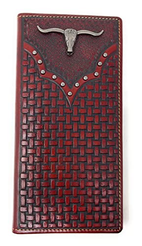 Western Genuine Leather Basketweave Longhorn Men's Long Bifold Wallet in 2 colors (Coffee)