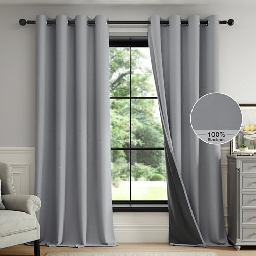 Image of FMFUNCTEX 100% Dark Grey Blackout Curtains for Living Room, Curtains 108 Inches Long Weave Textured Thermal Insulated Curtains for Bedroom, Black Out Drapery Grommet Room Darkening 2 Panels