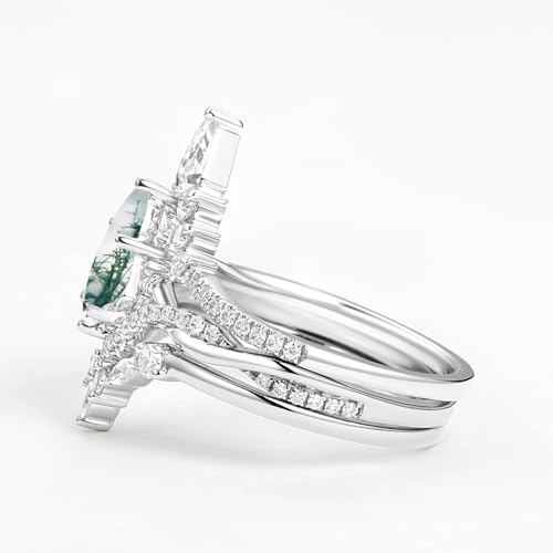 3PCS Natural Moss Agate Wedding Ring Set for Women with Moissanite 1CT Center Kite Cut Natural Moss Agate Ring Set Vintage Engagement Ring Set 925 Sterling Silver 10K 14K 18K Gold4