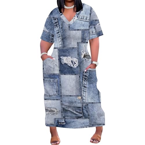 Image of SUZONANA Plus Size Denim Print Dresses for Women V Neck Short Sleeve Maxi Dress with Pockets Soft Jean Look Summer T Shirt Dress Western Casual Outfits 2XL