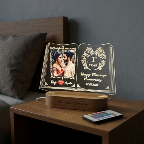 Image of Personalized 3D Illusion LED Table Lamp Book Shape Customized Photo Lamp for Couple Gift Anniversary, Wedding, Marriage, Valentine Day- Your Wooden Base Text Egraved, Brother Sister