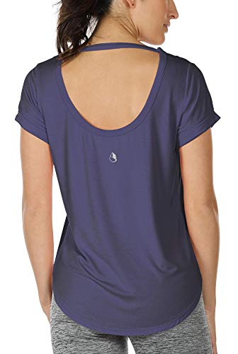 Image of icyzone Open Back Yoga Shirts for Women - Exercise Workout Tops, Athletic Short Sleeves, Running T-Shirts Loose Fit