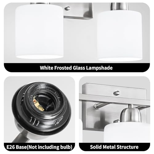 Image of Brushed Nickel Bathroom Light, Anti-Rust Finish 2 Light Bathroom Vanity Light Brushed Nickel, Milky White Frosted Glass Shades, E26 Socket