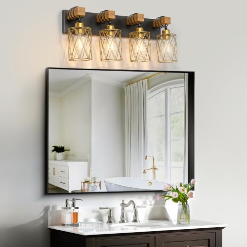 Image of IZORRO Farmhouse Bathroom Vanity Light, 4-Light Wood Bathroom Light Fixtures Over Mirror, Black and Gold Industrial Vanity Lights with Metal Shade, Rustic Restroom Lighting Fixtures