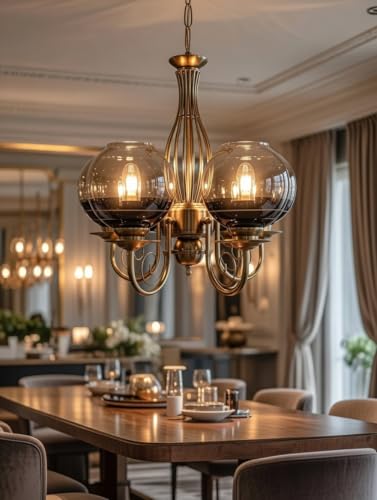 Image of Weldecor Golden Metal Chandelier /Jhumar Light, 5 Glass Hanging Pendant lamp Ceiling Lights, Luxury Modern Vintage Decorative Lighting for Dining Room, Living Room, Hall & Home Interior