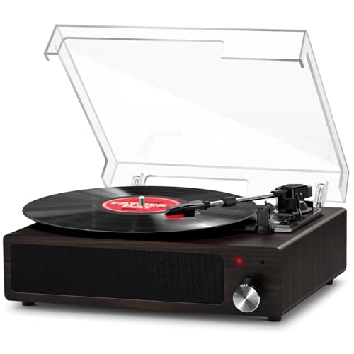 FYDEE Tocadiscos de Vinilo Vintage Bluetooth con 3 Velocidades (33/45/78 RPM), 2 Altavoces Estéreo Integrados, Salida para Auriculares de 3.5 mm, AUX, RCA - Nogal Negro