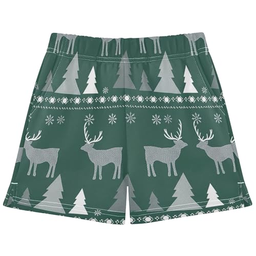 Girls Lounge Shorts Green Christmas Tree Deer Print Casual Athletic Summer Pajama Sleepwear Cute Kids Teens, X-Small