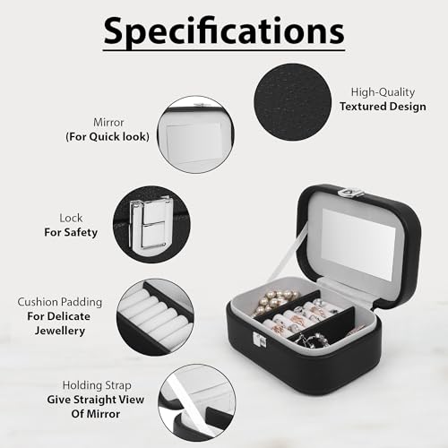 Image of BucketList PU Leather Jewellery Organizer Box with Mirror | Travel-Friendly Jewelry Storage Case with Ring Slots & Secure Lock (Travel Jewellery Box with Mirror (Black))