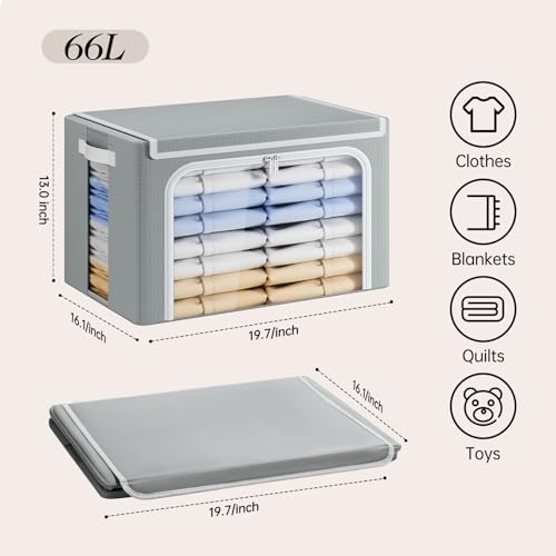 Image of Yecaye Large Clothes Storage Bins with Metal Frame, Foldable Clothing Storage Bin with Lid, Stackable Oxford Fabric Organizer Box With Clear Window & Zippers & PU Leather Handles (3 Pack, Grey, 66L)